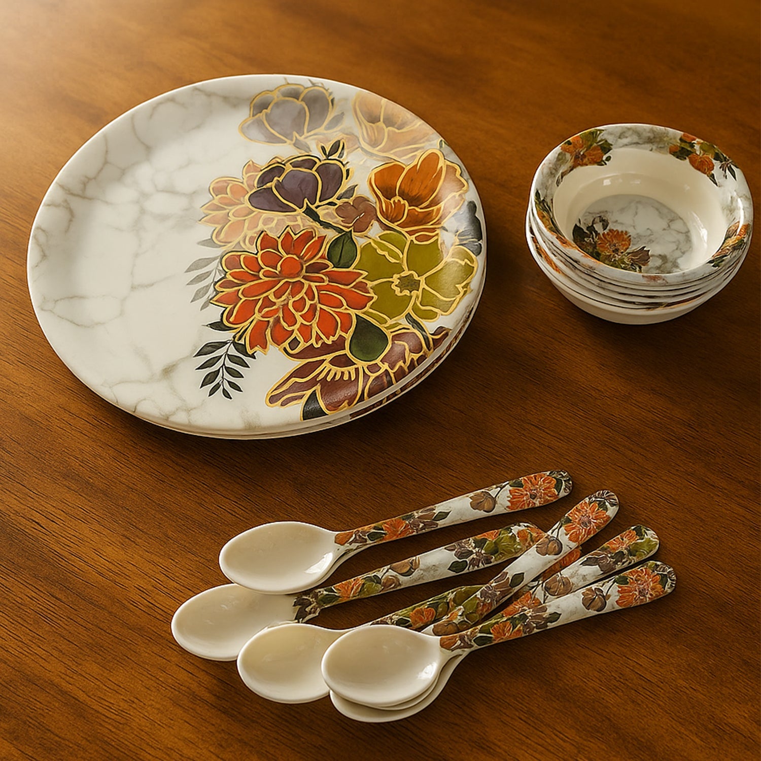 Dream 18-Piece Plastic Dinner Set – Unique Flower Design, 6 Plates, 6 Bowls & 6 Spoons, Microwave & Dishwasher Safe Dream 18-Piece Plastic Dinner Set – Unique Flower Design, 6 Plates, 6 Bowls & 6 Spoons, Microwave & Dishwasher Safe